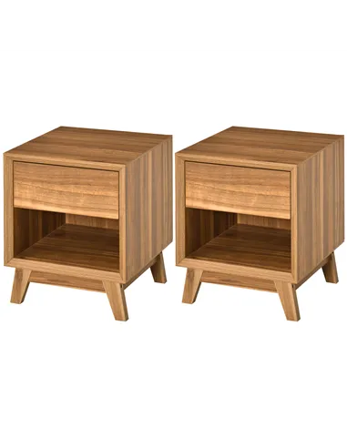 HOMCOM Modern Bedside Table Nightstand, Living Room End Table, Side Table with Drawer and Shelf, Set of 2, Walnut Brown