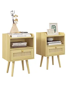 HOMCOM Set of Two Rattan Weave Bedside Tables - Wood Effect