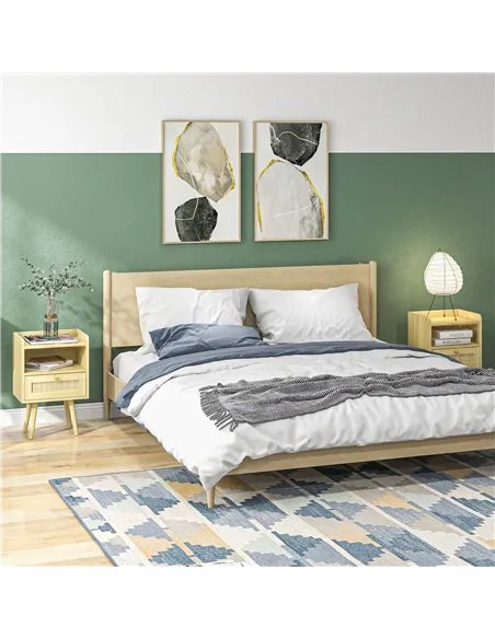 HOMCOM Set of Two Rattan Weave Bedside Tables - Wood Effect