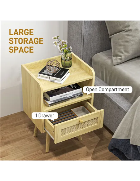 HOMCOM Set of Two Rattan Weave Bedside Tables - Wood Effect
