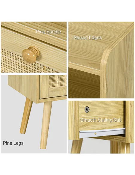 HOMCOM Set of Two Rattan Weave Bedside Tables - Wood Effect