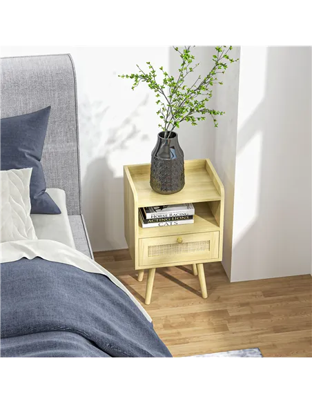HOMCOM Set of Two Rattan Weave Bedside Tables - Wood Effect