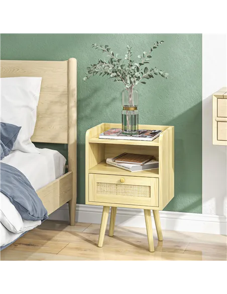 HOMCOM Set of Two Rattan Weave Bedside Tables - Wood Effect