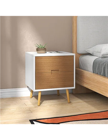 HOMCOM Wood Effect Wto-Drawer Bedside Table - Brown/White