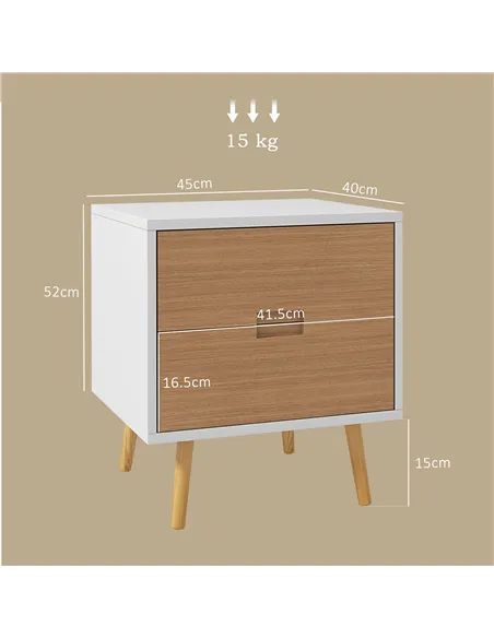 HOMCOM Wood Effect Wto-Drawer Bedside Table - Brown/White