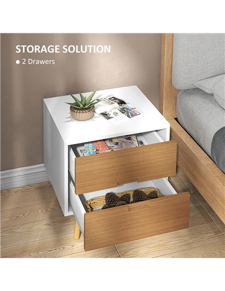HOMCOM Wood Effect Wto-Drawer Bedside Table - Brown/White