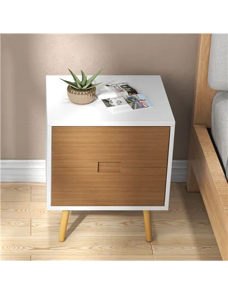 HOMCOM Wood Effect Wto-Drawer Bedside Table - Brown/White