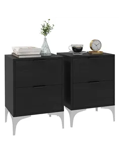 HOMCOM Set of Two Wood Effect Bedside Tables with Silver Tone Steel Base, Black
