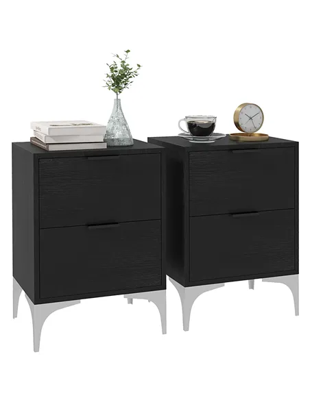 HOMCOM Set of Two Wood Effect Bedside Tables with Silver Tone Steel Base, Black