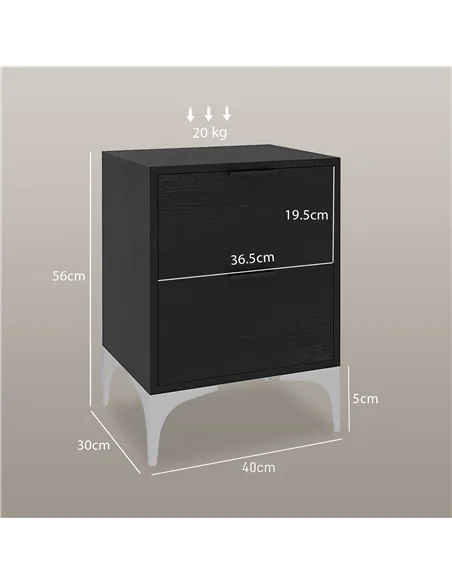 HOMCOM Set of Two Wood Effect Bedside Tables with Silver Tone Steel Base, Black