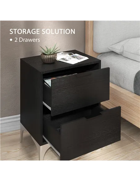 HOMCOM Set of Two Wood Effect Bedside Tables with Silver Tone Steel Base, Black