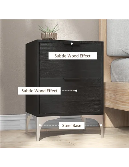HOMCOM Set of Two Wood Effect Bedside Tables with Silver Tone Steel Base, Black