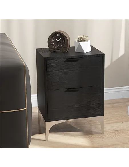 HOMCOM Set of Two Wood Effect Bedside Tables with Silver Tone Steel Base, Black