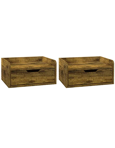 HOMCOM Floating Nightstand Set of 2 Wall Mounted Bedside Table with Storage Drawer for Bedroom, Rustic Brown