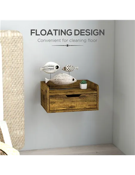 HOMCOM Floating Nightstand Set of 2 Wall Mounted Bedside Table with Storage Drawer for Bedroom, Rustic Brown