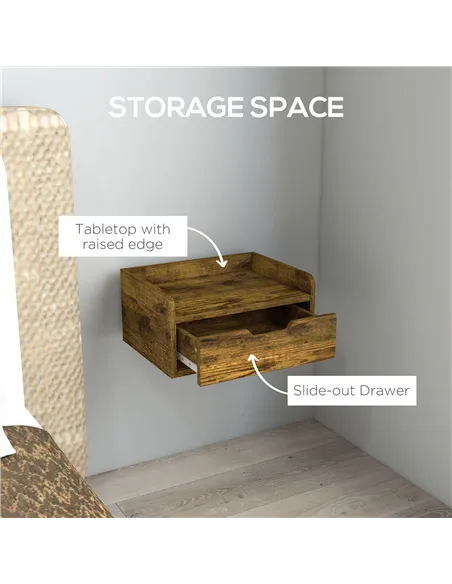 HOMCOM Floating Nightstand Set of 2 Wall Mounted Bedside Table with Storage Drawer for Bedroom, Rustic Brown