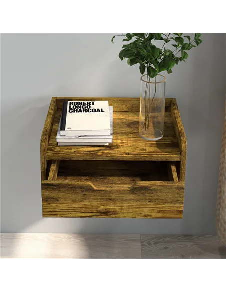 HOMCOM Floating Nightstand Set of 2 Wall Mounted Bedside Table with Storage Drawer for Bedroom, Rustic Brown