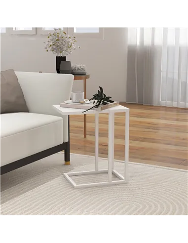HOMCOM C Shape Bedside Table w/Metal Frame Wood-Effect Top Sofa Narrow Snack End Table for Living Room, White