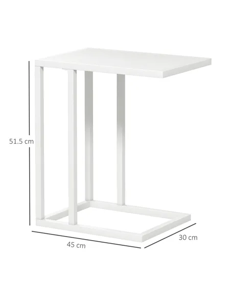 HOMCOM C Shape Bedside Table w/Metal Frame Wood-Effect Top Sofa Narrow Snack End Table for Living Room, White