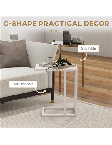 HOMCOM C Shape Bedside Table w/Metal Frame Wood-Effect Top Sofa Narrow Snack End Table for Living Room, White