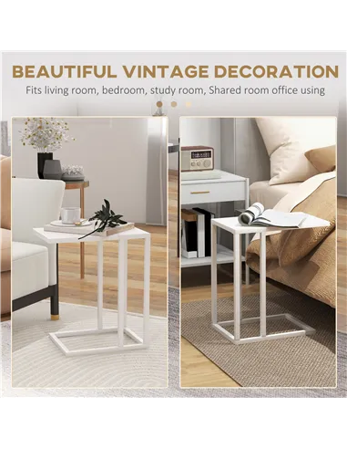 HOMCOM C Shape Bedside Table w/Metal Frame Wood-Effect Top Sofa Narrow Snack End Table for Living Room, White