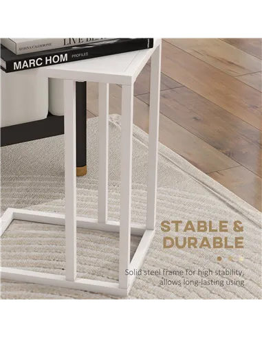 HOMCOM C Shape Bedside Table w/Metal Frame Wood-Effect Top Sofa Narrow Snack End Table for Living Room, White