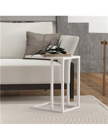 HOMCOM C Shape Bedside Table w/Metal Frame Wood-Effect Top Sofa Narrow Snack End Table for Living Room, White