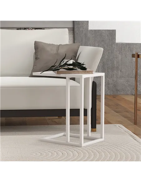HOMCOM C Shape Bedside Table w/Metal Frame Wood-Effect Top Sofa Narrow Snack End Table for Living Room, White