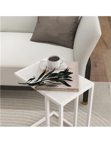 HOMCOM C Shape Bedside Table w/Metal Frame Wood-Effect Top Sofa Narrow Snack End Table for Living Room, White