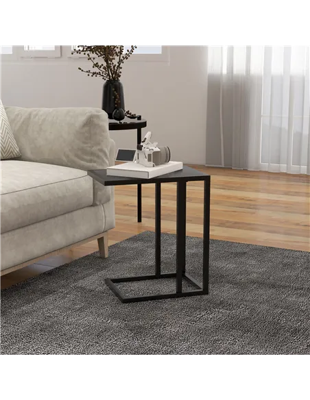 HOMCOM C Shape Bedside Table w/Metal Frame Wood-Effect Top Sofa Narrow Snack End Table for Living Room, Black