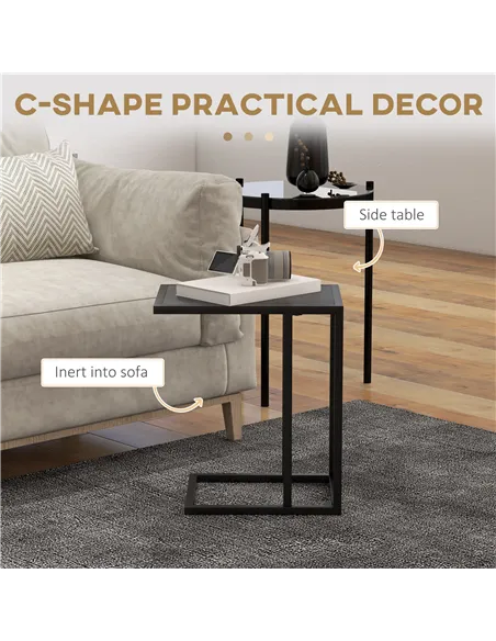 HOMCOM C Shape Bedside Table w/Metal Frame Wood-Effect Top Sofa Narrow Snack End Table for Living Room, Black