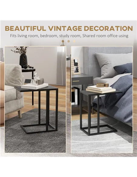 HOMCOM C Shape Bedside Table w/Metal Frame Wood-Effect Top Sofa Narrow Snack End Table for Living Room, Black