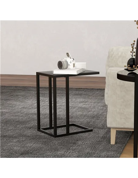 HOMCOM C Shape Bedside Table w/Metal Frame Wood-Effect Top Sofa Narrow Snack End Table for Living Room, Black