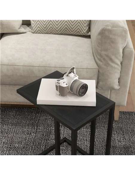 HOMCOM C Shape Bedside Table w/Metal Frame Wood-Effect Top Sofa Narrow Snack End Table for Living Room, Black