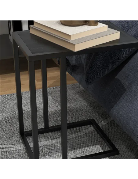 HOMCOM C Shape Bedside Table w/Metal Frame Wood-Effect Top Sofa Narrow Snack End Table for Living Room, Black