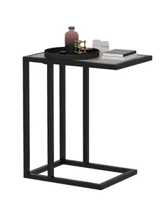 HOMCOM C Shape Bedside Table w/Metal Frame Marble-Effect Top Sofa Narrow Snack End Table for Living Room, Grey