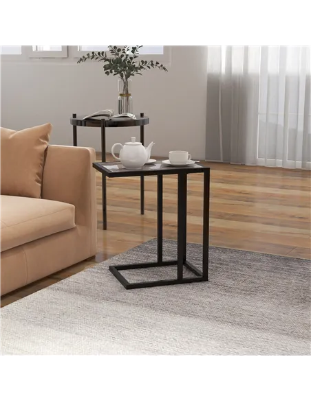 HOMCOM C Shape Bedside Table w/Metal Frame Marble-Effect Top Sofa Narrow Snack End Table for Living Room, Grey