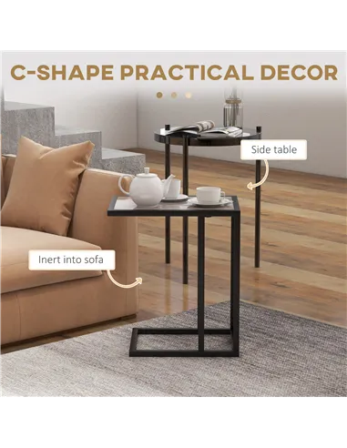 HOMCOM C Shape Bedside Table w/Metal Frame Marble-Effect Top Sofa Narrow Snack End Table for Living Room, Grey