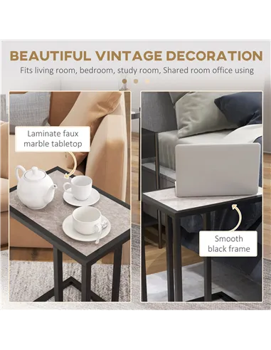 HOMCOM C Shape Bedside Table w/Metal Frame Marble-Effect Top Sofa Narrow Snack End Table for Living Room, Grey