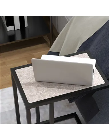 HOMCOM C Shape Bedside Table w/Metal Frame Marble-Effect Top Sofa Narrow Snack End Table for Living Room, Grey