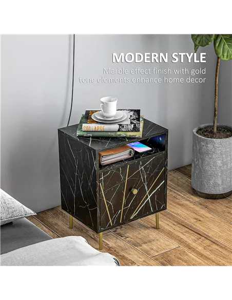 HOMCOM Elegant Bedside with Storage - Black/Gold Tone