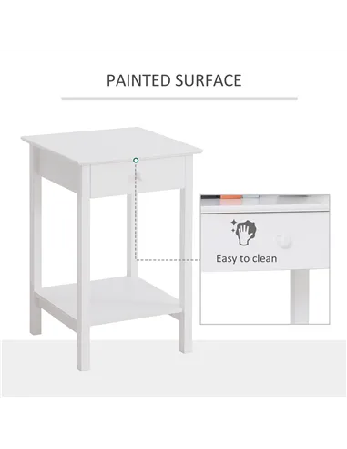 HOMCOM White Bedside Table, Wooden Side Table, Nightstand, Bedside Cabinet with Drawer and Storage Shelf for Bedroom and Living 