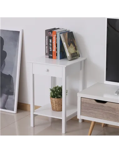 HOMCOM White Bedside Table, Wooden Side Table, Nightstand, Bedside Cabinet with Drawer and Storage Shelf for Bedroom and Living 