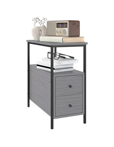 HOMCOM Side Table, Narrow Bedside Table with 2 Drawers and Storage Shelf, Industrial End Table with Metal Frame for Small Spaces
