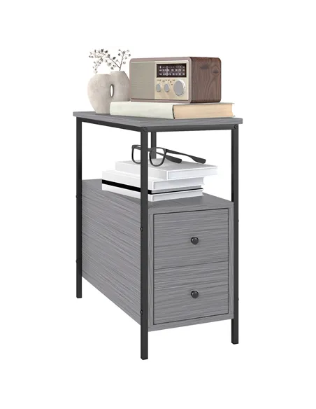 HOMCOM Side Table, Narrow Bedside Table with 2 Drawers and Storage Shelf, Industrial End Table with Metal Frame for Small Spaces