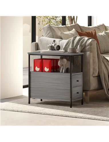 HOMCOM Side Table, Narrow Bedside Table with 2 Drawers and Storage Shelf, Industrial End Table with Metal Frame for Small Spaces