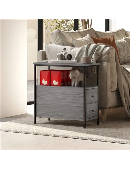 HOMCOM Side Table, Narrow Bedside Table with 2 Drawers and Storage Shelf, Industrial End Table with Metal Frame for Small Spaces