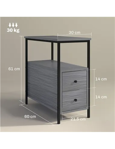 HOMCOM Side Table, Narrow Bedside Table with 2 Drawers and Storage Shelf, Industrial End Table with Metal Frame for Small Spaces
