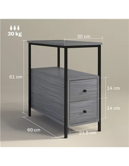 HOMCOM Side Table, Narrow Bedside Table with 2 Drawers and Storage Shelf, Industrial End Table with Metal Frame for Small Spaces