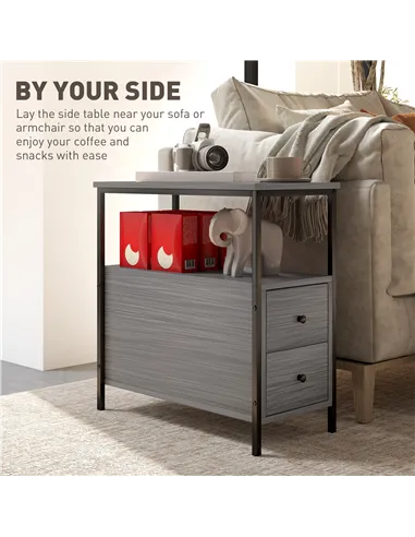 HOMCOM Side Table, Narrow Bedside Table with 2 Drawers and Storage Shelf, Industrial End Table with Metal Frame for Small Spaces